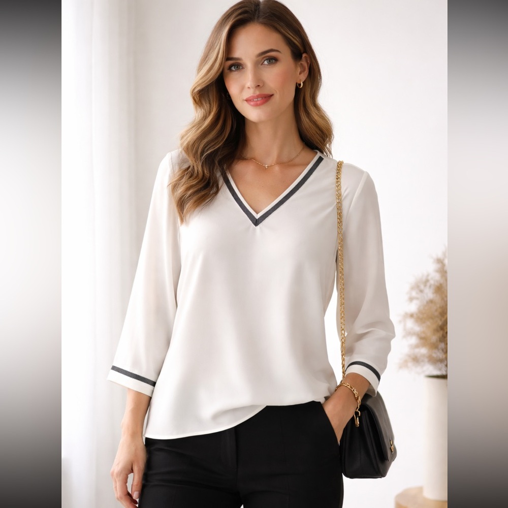 Calvin Klein Cream V-Neck Blouse with Black Trim Accents